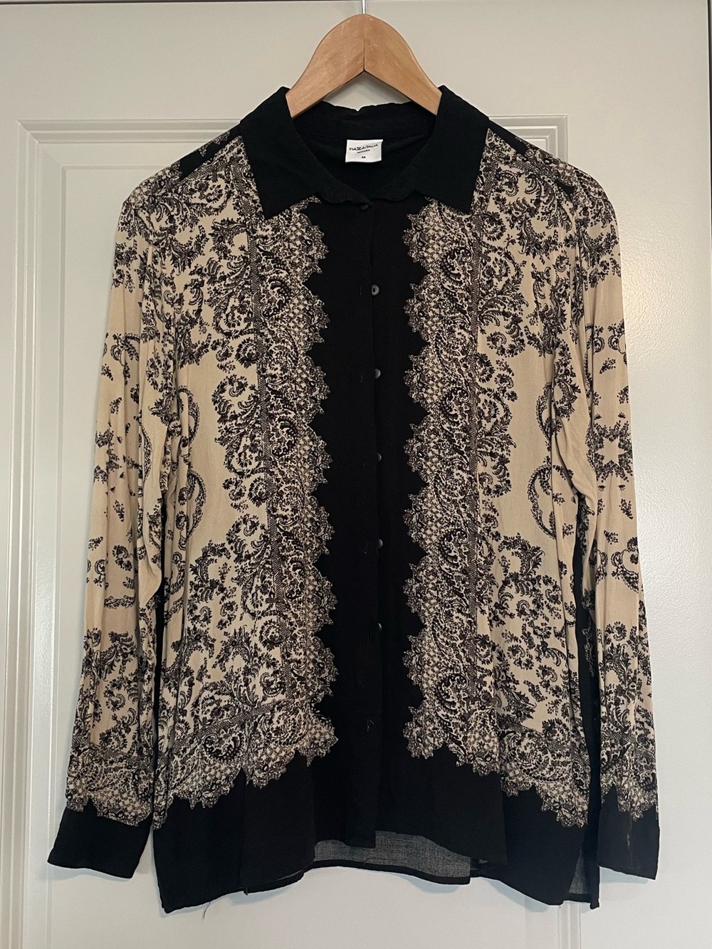 Paisley-Print Black and Cream Button-Front Blouse